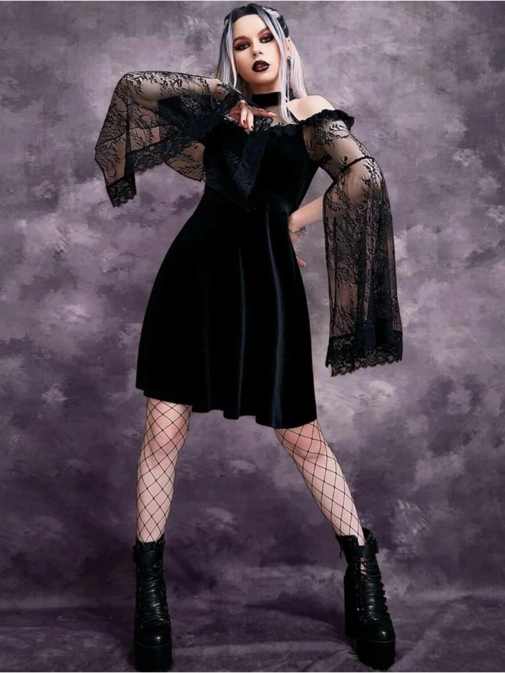 NWT Gothic Velvet and Lace Split Sleeve Cold Shoulder Mesh Dress Black Medium - Picture 6 of 11